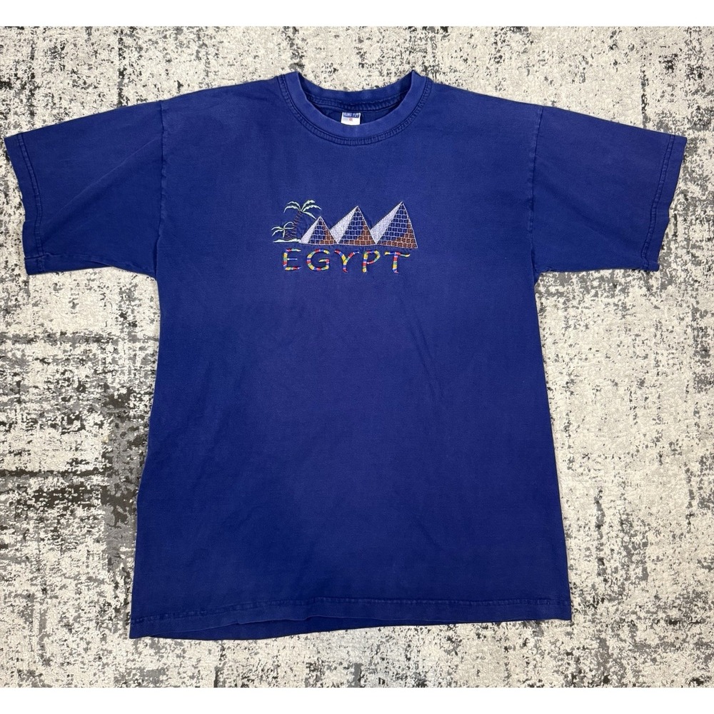 King Tut Egypt T‎ Shirt Mens XXL Blue Pyramids Embroidered Egyptian Cotton